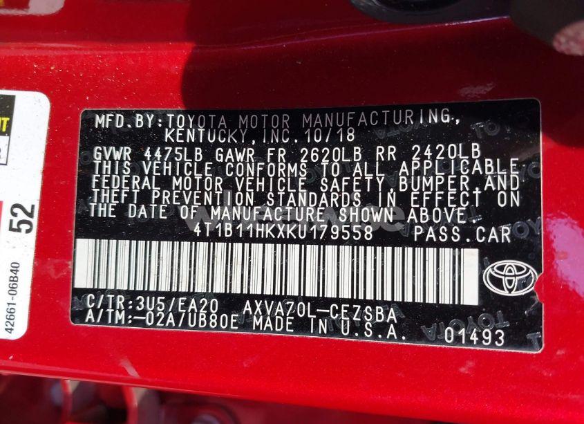 Photo 9 of 2019 Toyota Camry SE (VIN 4T1B11HKXKU179558)