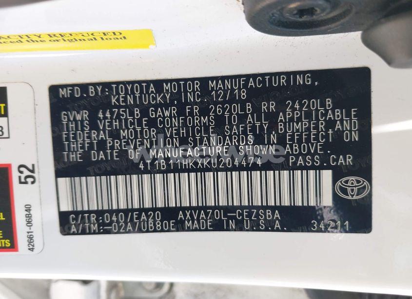 Photo 9 of 2019 Toyota Camry SE (VIN 4T1B11HKXKU204474)