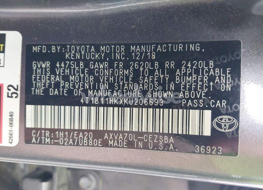 Photo 9 of 2019 Toyota Camry SE (VIN 4T1B11HKXKU206693)