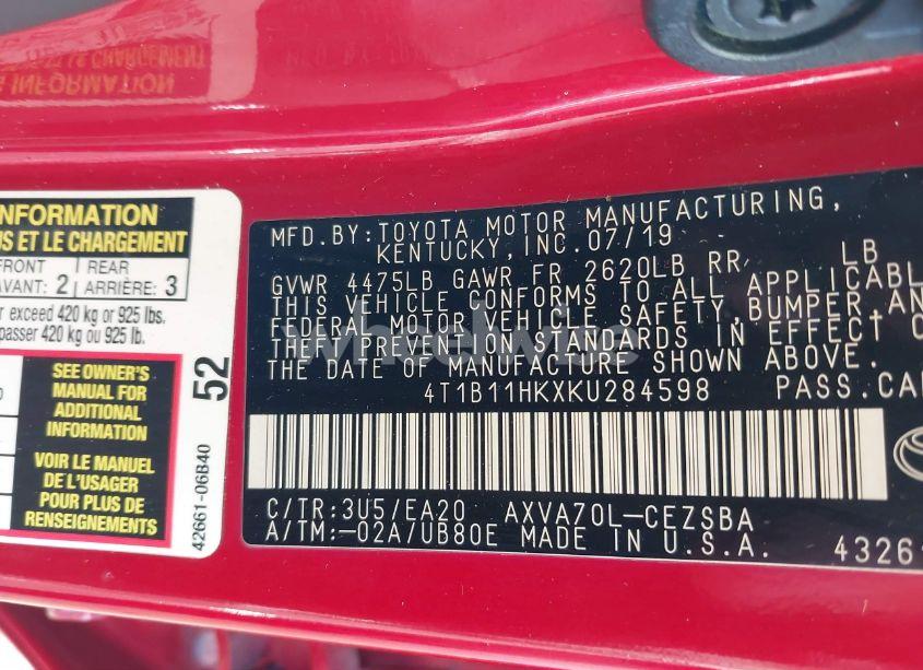 Photo 9 of 2019 Toyota Camry SE (VIN 4T1B11HKXKU284598)