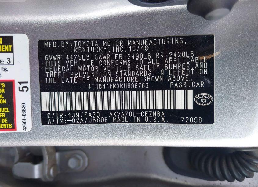 Photo 9 of 2019 Toyota Camry SE (VIN 4T1B11HKXKU696763)