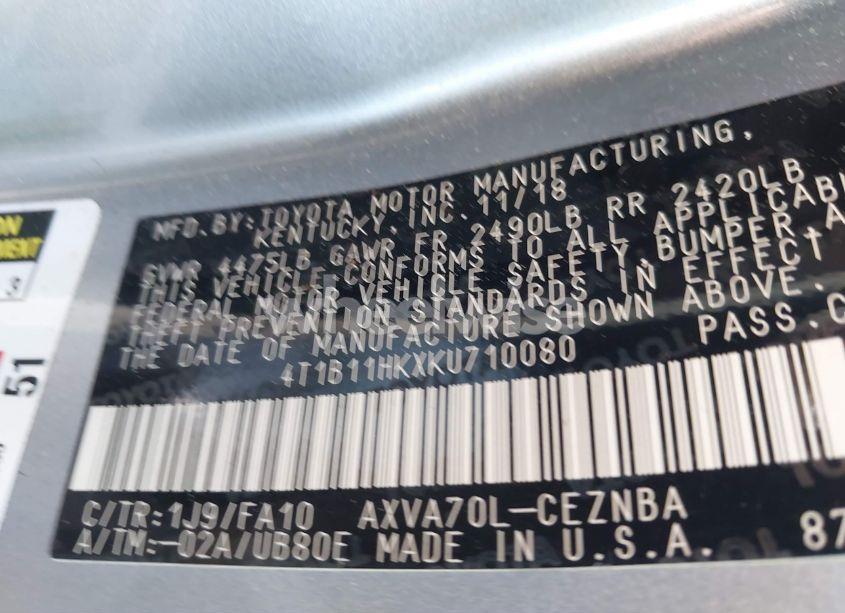 Photo 9 of 2019 Toyota Camry LE (VIN 4T1B11HKXKU710080)