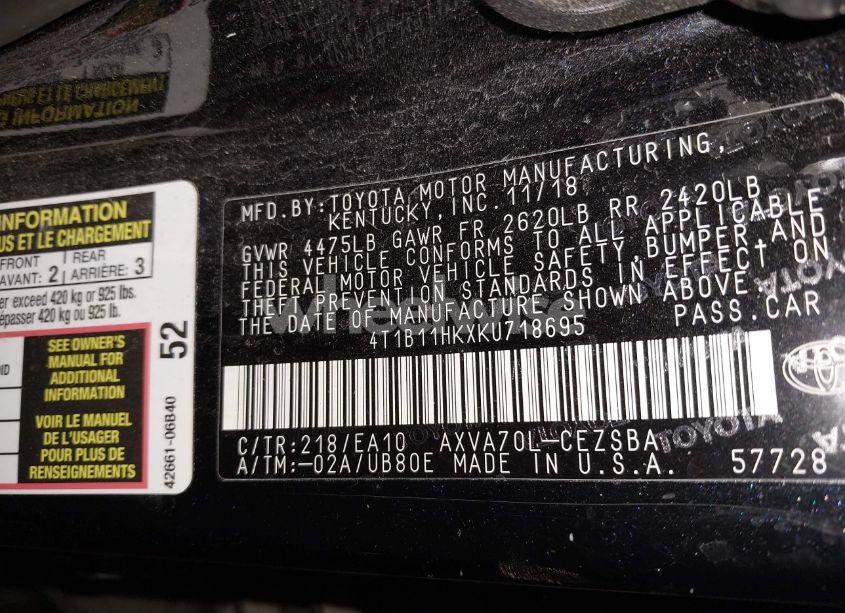 Photo 9 of 2019 Toyota Camry SE (VIN 4T1B11HKXKU718695)