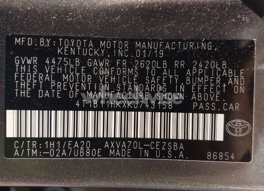 Photo 9 of 2019 Toyota Camry SE (VIN 4T1B11HKXKU743158)