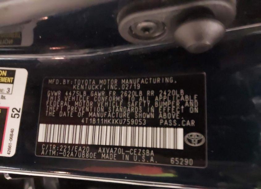 Photo 9 of 2019 Toyota Camry SE (VIN 4T1B11HKXKU759053)