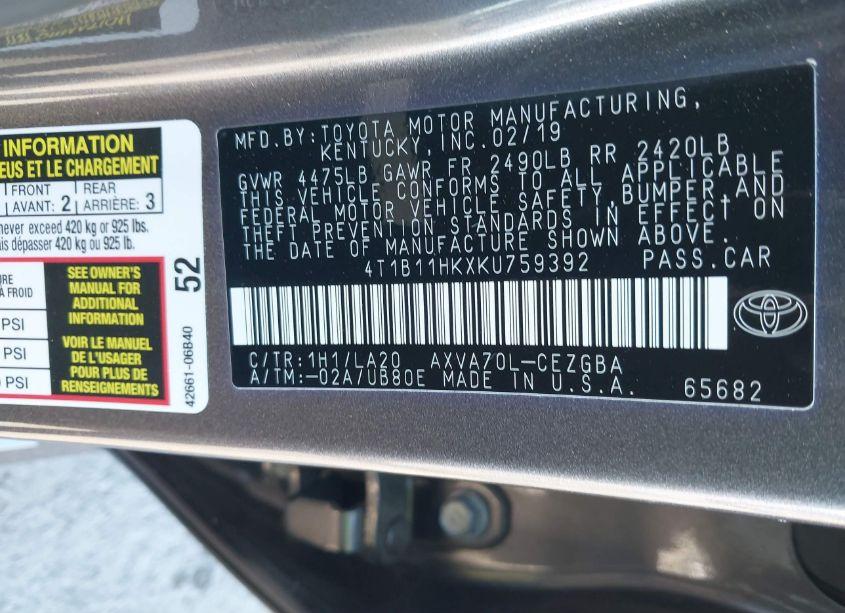 Photo 9 of 2019 Toyota Camry XLE (VIN 4T1B11HKXKU759392)