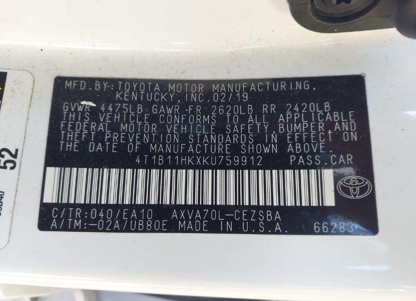 Photo 9 of 2019 Toyota Camry SE (VIN 4T1B11HKXKU759912)