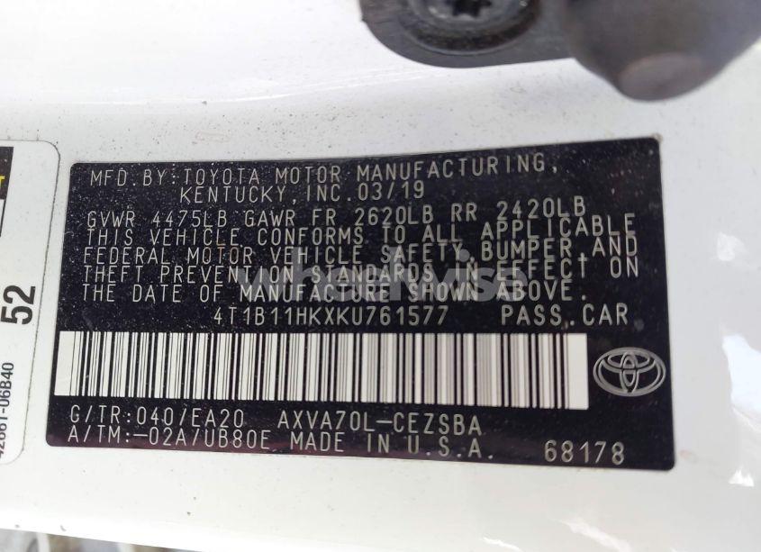 Photo 9 of 2019 Toyota Camry SE (VIN 4T1B11HKXKU761577)