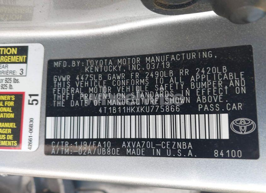 Photo 9 of 2019 Toyota Camry LE (VIN 4T1B11HKXKU775866)