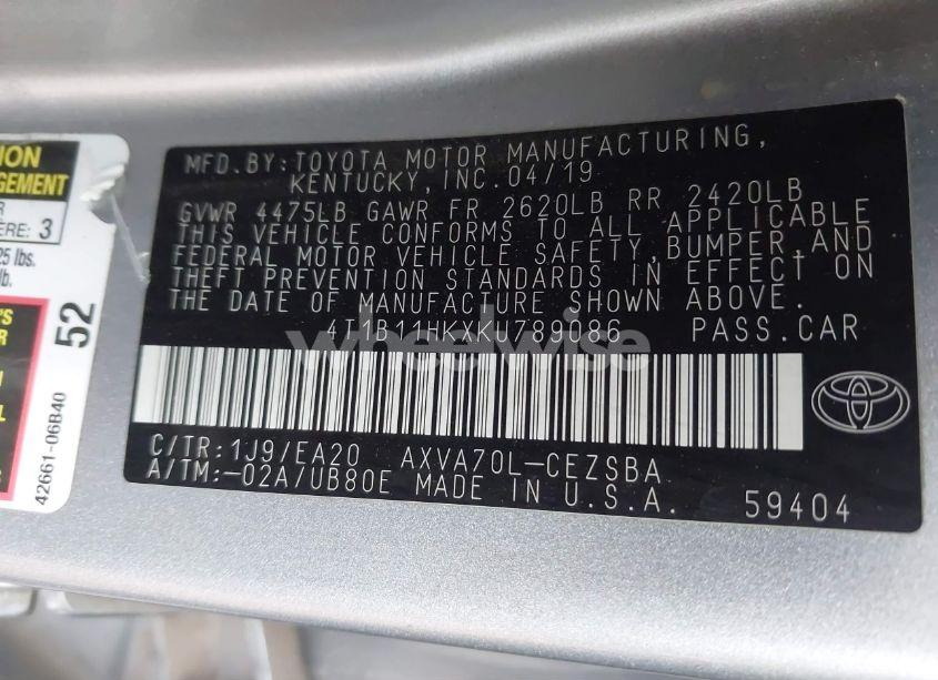 Photo 9 of 2019 Toyota Camry SE (VIN 4T1B11HKXKU789086)