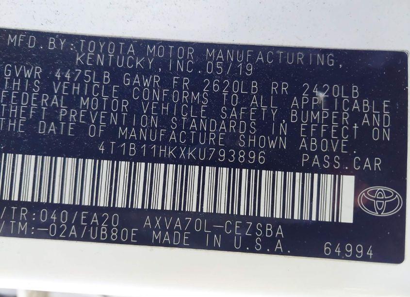 Photo 9 of 2019 Toyota Camry SE (VIN 4T1B11HKXKU793896)