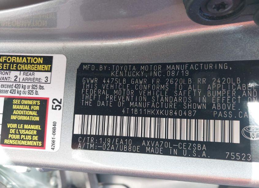 Photo 9 of 2019 Toyota Camry SE (VIN 4T1B11HKXKU840487)