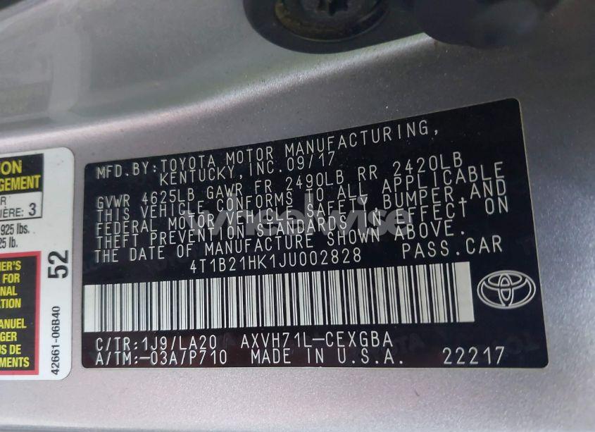 Photo 9 of 2018 Toyota Camry HYBRID XLE (VIN 4T1B21HK1JU002828)