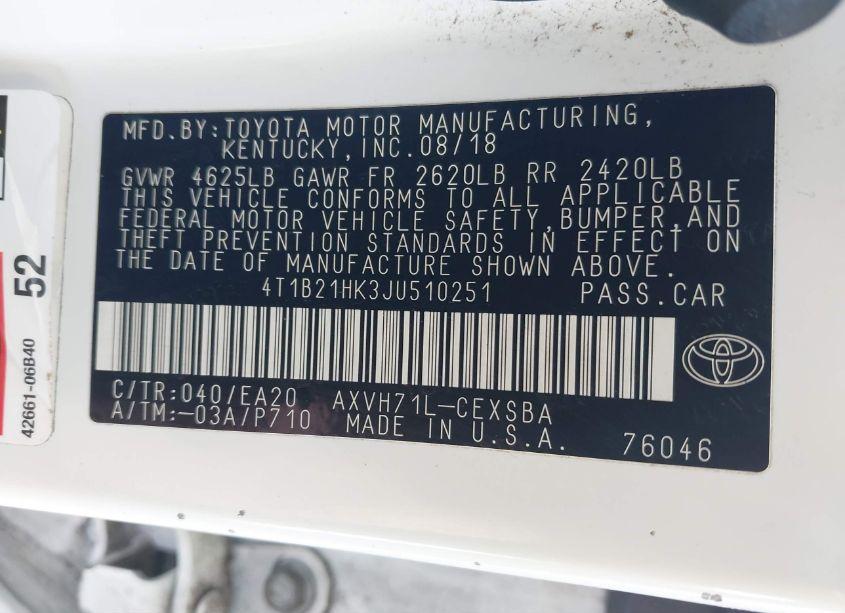 Photo 9 of 2018 Toyota Camry HYBRID SE (VIN 4T1B21HK3JU510251)