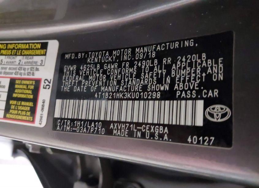 Photo 9 of 2019 Toyota Camry HYBRID XLE (VIN 4T1B21HK3KU010298)