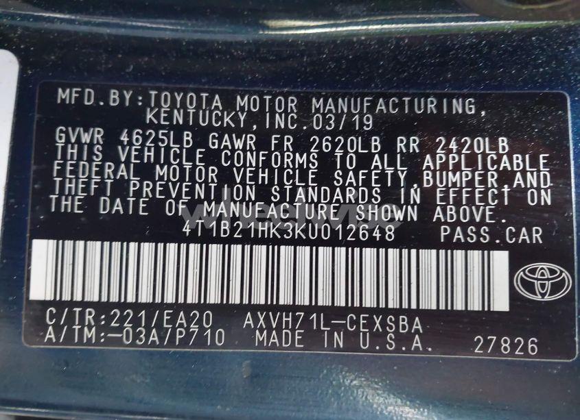 Photo 9 of 2019 Toyota Camry HYBRID SE (VIN 4T1B21HK3KU012648)