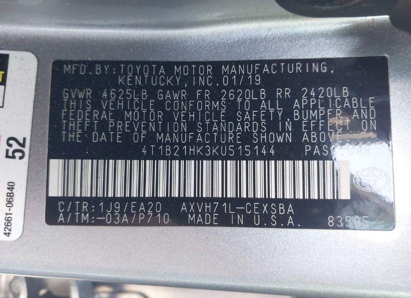 Photo 9 of 2019 Toyota Camry HYBRID SE (VIN 4T1B21HK3KU515144)