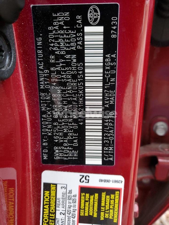 Photo 13 of 2019 TOYOTA CAMRY HYBRID (VIN 4T1B21HK5KU515405)