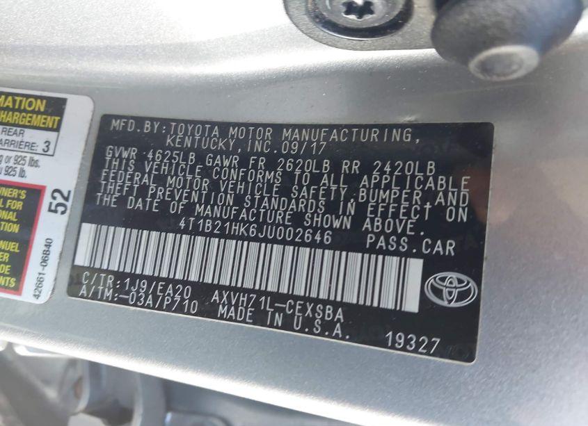 Photo 9 of 2018 Toyota Camry HYBRID SE (VIN 4T1B21HK6JU002646)