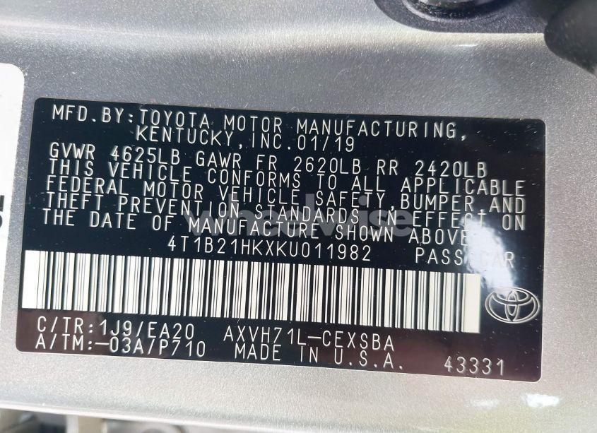 Photo 9 of 2019 Toyota Camry HYBRID SE (VIN 4T1B21HKXKU011982)