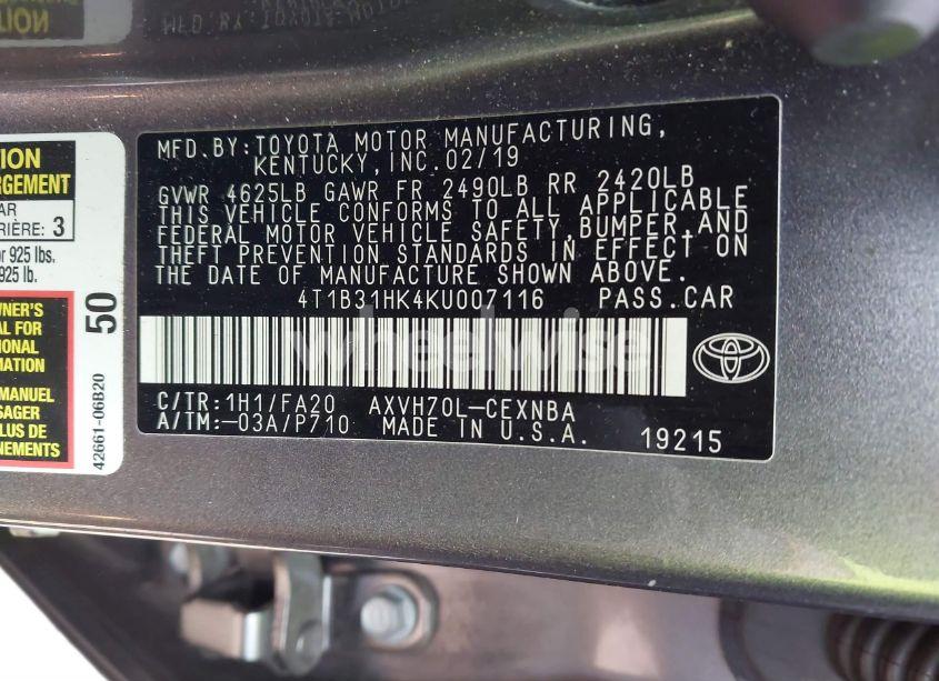 Photo 9 of 2019 Toyota Camry HYBRID LE (VIN 4T1B31HK4KU007116)