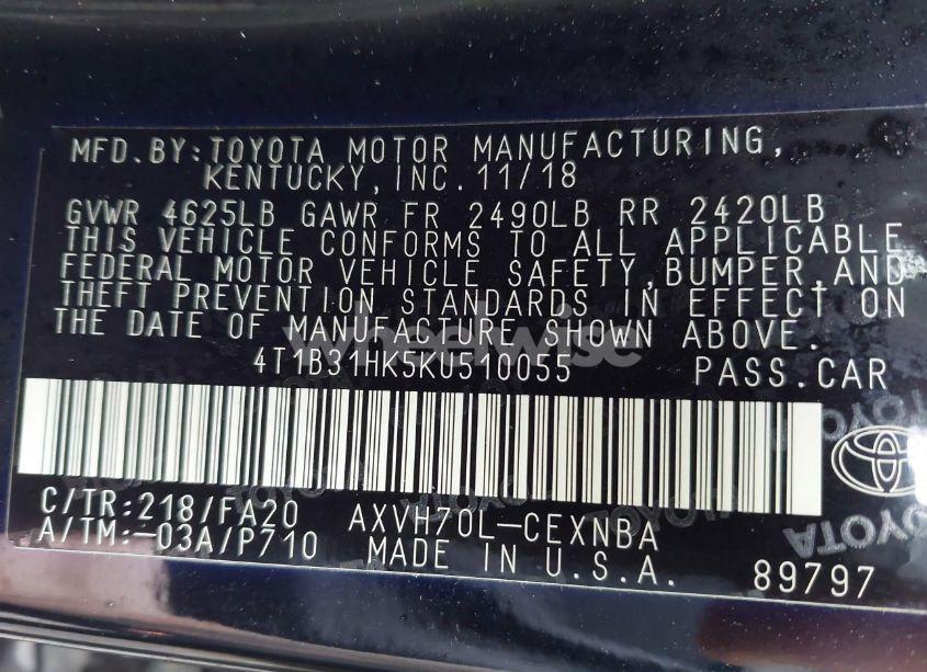 Photo 9 of 2019 Toyota Camry HYBRID LE (VIN 4T1B31HK5KU510055)