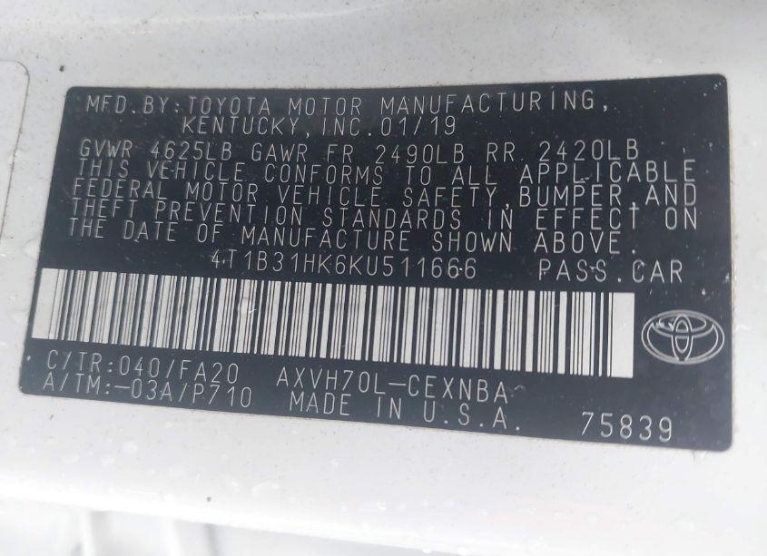 Photo 9 of 2019 Toyota Camry HYBRID LE (VIN 4T1B31HK6KU511666)