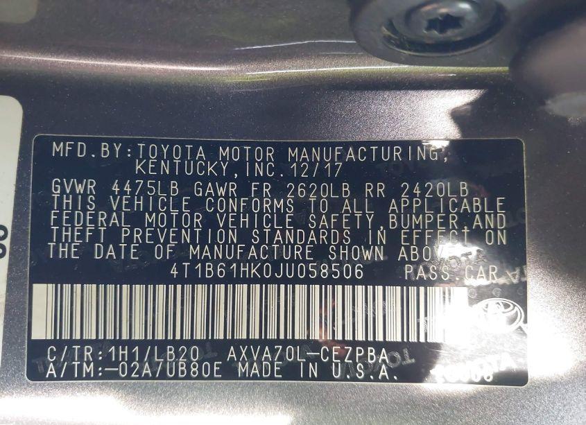 Photo 9 of 2018 Toyota Camry XSE (VIN 4T1B61HK0JU058506)