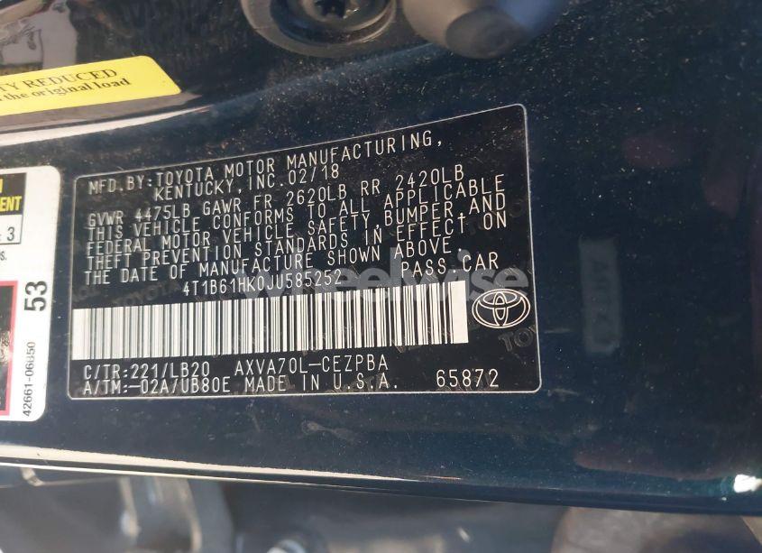 Photo 9 of 2018 Toyota Camry XSE (VIN 4T1B61HK0JU585252)