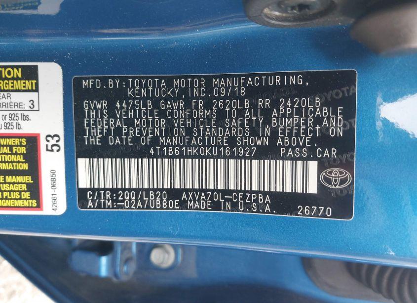 Photo 9 of 2019 Toyota Camry XSE (VIN 4T1B61HK0KU161927)