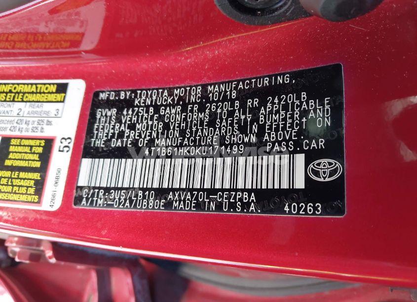 Photo 9 of 2019 Toyota Camry XSE (VIN 4T1B61HK0KU171499)