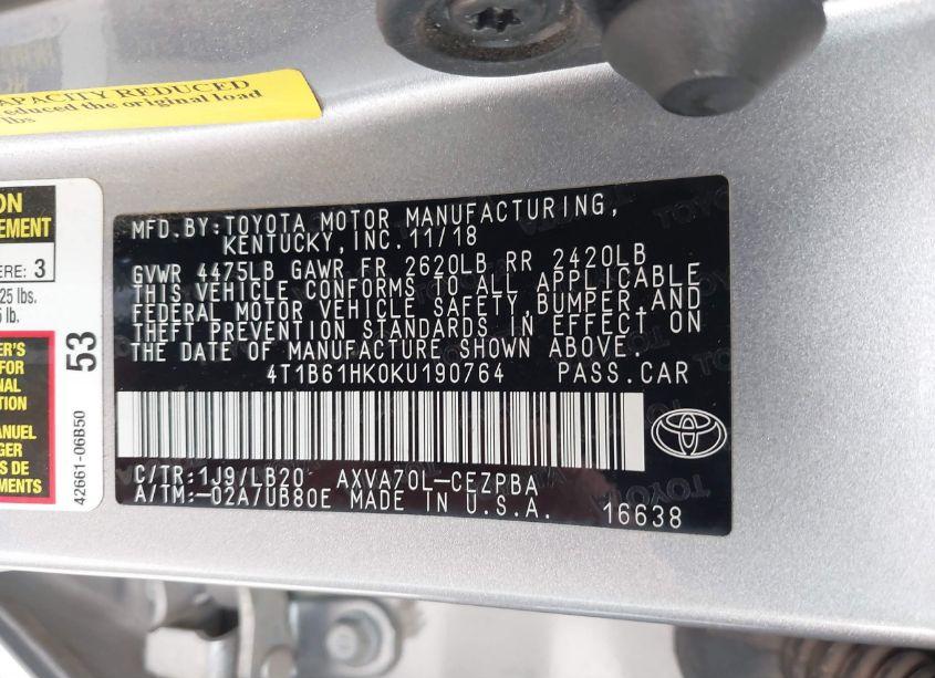 Photo 9 of 2019 Toyota Camry XSE (VIN 4T1B61HK0KU190764)