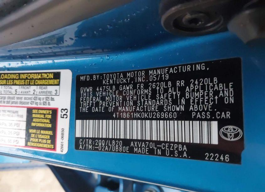 Photo 9 of 2019 Toyota Camry XSE (VIN 4T1B61HK0KU269660)