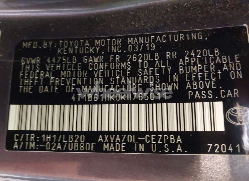 Photo 9 of 2019 Toyota Camry XSE (VIN 4T1B61HK0KU765011)