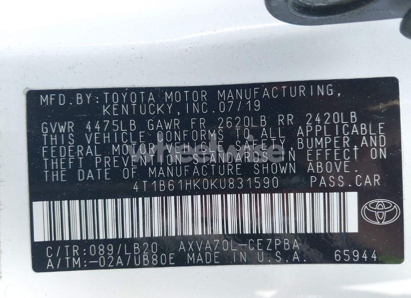 Photo 9 of 2019 Toyota Camry XSE (VIN 4T1B61HK0KU831590)