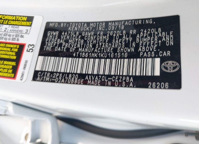 Photo 9 of 2019 Toyota Camry XSE (VIN 4T1B61HK1KU161516)