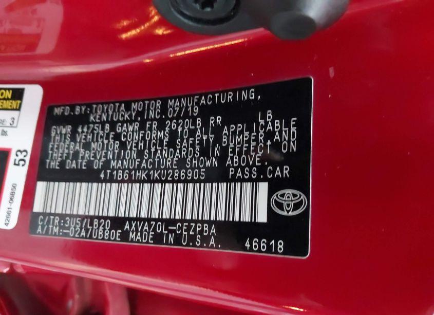 Photo 9 of 2019 Toyota Camry XSE (VIN 4T1B61HK1KU286905)