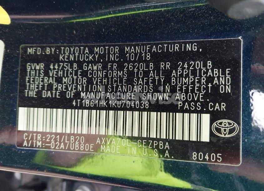 Photo 9 of 2019 Toyota Camry XSE (VIN 4T1B61HK1KU704038)