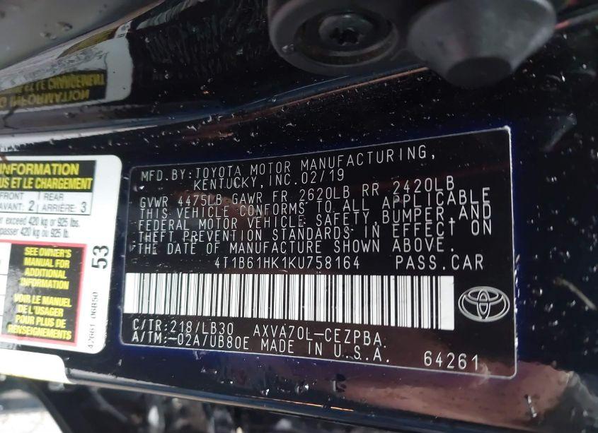 Photo 9 of 2019 Toyota Camry XSE (VIN 4T1B61HK1KU758164)