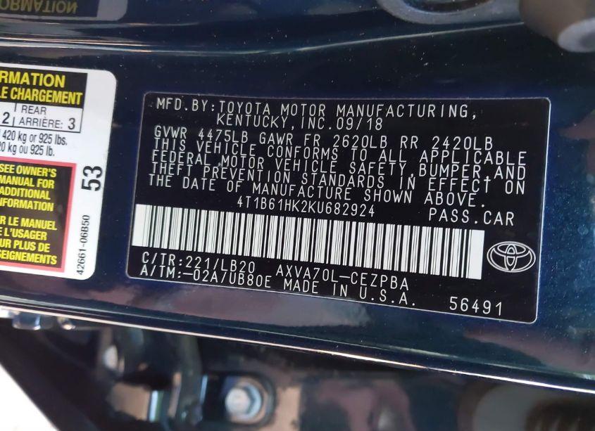 Photo 9 of 2019 Toyota Camry XSE (VIN 4T1B61HK2KU682924)