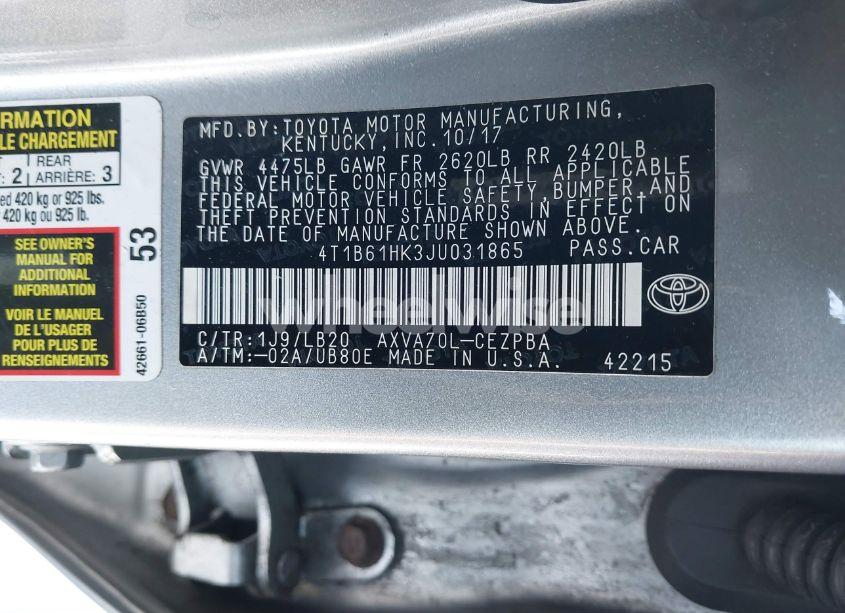 Photo 9 of 2018 Toyota Camry XSE (VIN 4T1B61HK3JU031865)