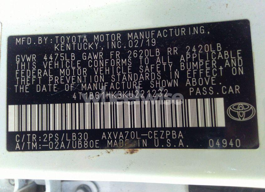 Photo 9 of 2019 Toyota Camry XSE (VIN 4T1B61HK3KU221232)