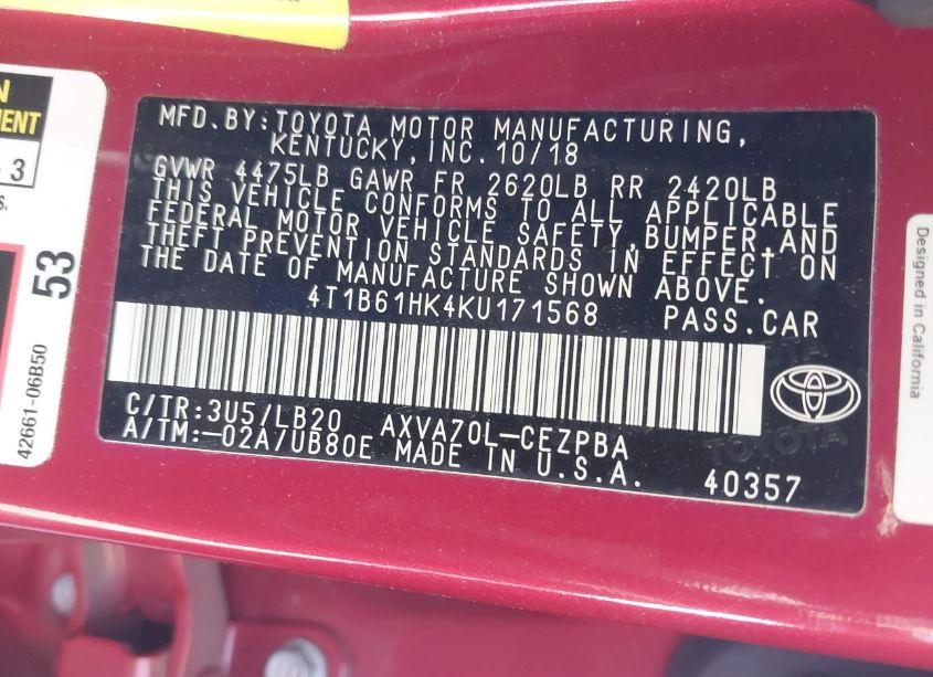 Photo 9 of 2019 Toyota Camry XSE (VIN 4T1B61HK4KU171568)