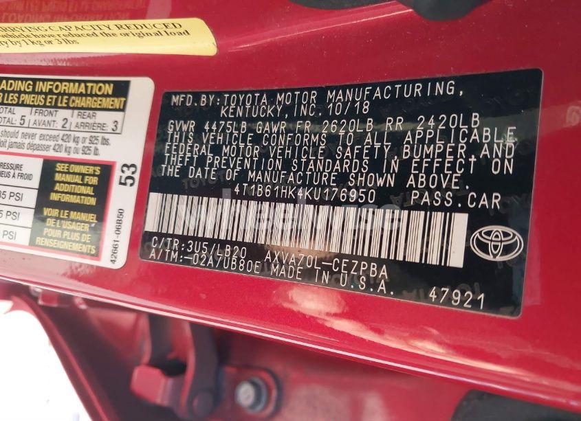 Photo 9 of 2019 Toyota Camry XSE (VIN 4T1B61HK4KU176950)