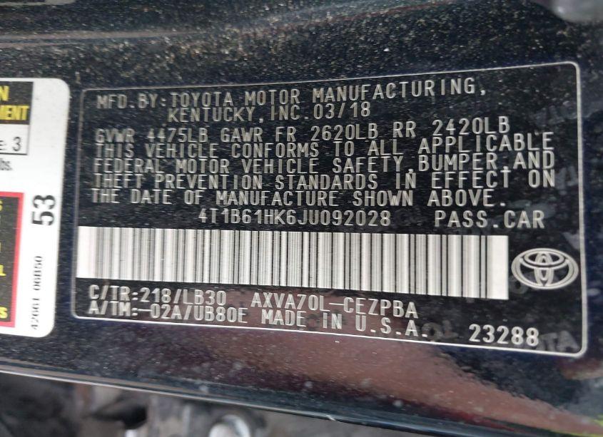 Photo 9 of 2018 Toyota Camry XSE (VIN 4T1B61HK6JU092028)