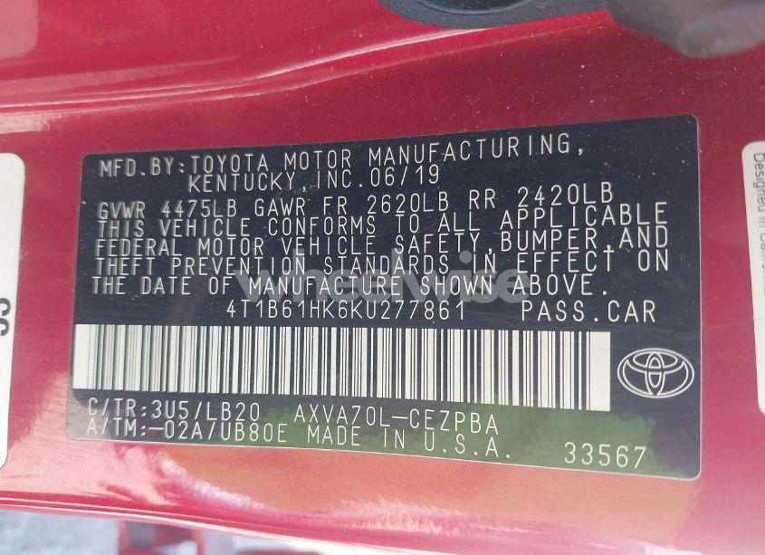 Photo 9 of 2019 Toyota Camry XSE (VIN 4T1B61HK6KU277861)