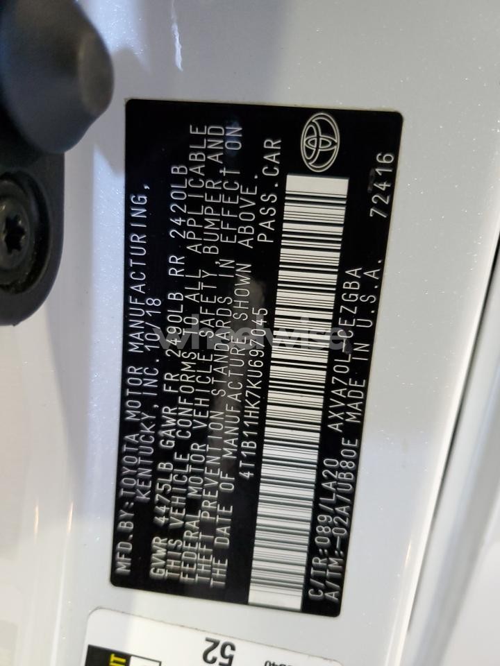 Photo 12 of 2019 TOYOTA CAMRY L (VIN 4T1B61HK7KU182063)