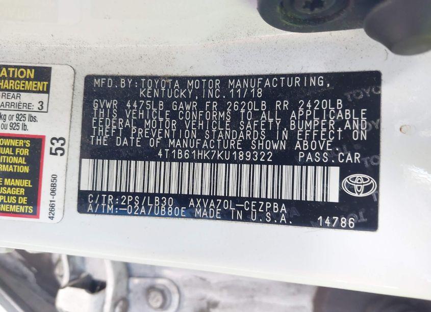 Photo 9 of 2019 Toyota Camry XSE (VIN 4T1B61HK7KU189322)