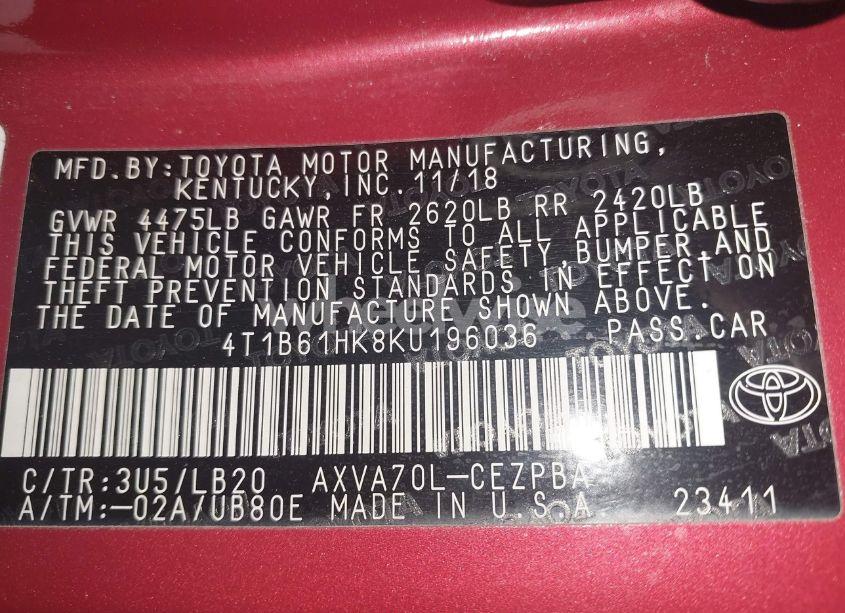 Photo 9 of 2019 Toyota Camry XSE (VIN 4T1B61HK8KU196036)