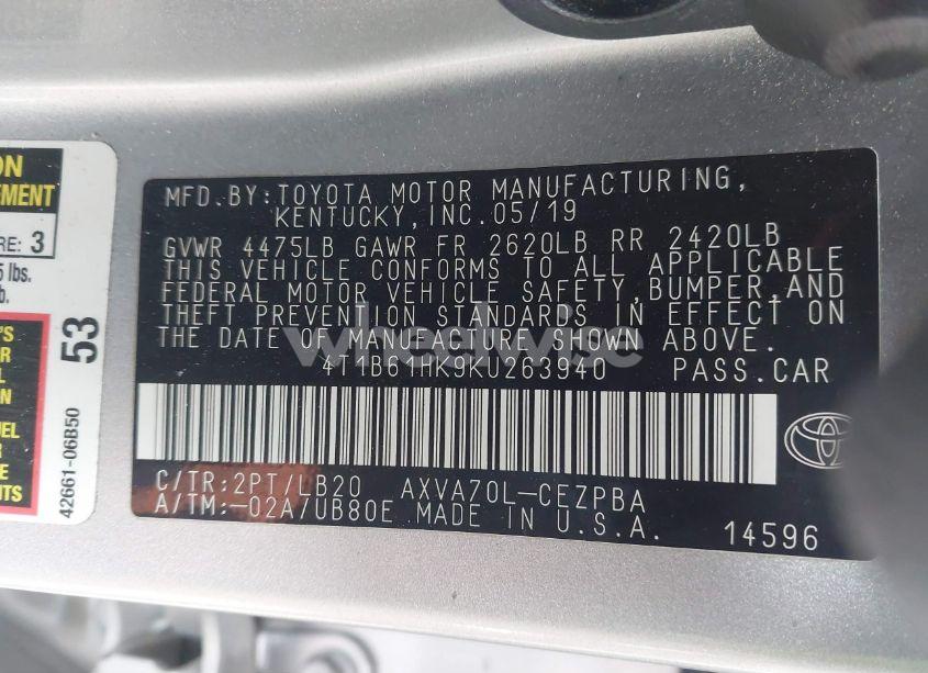 Photo 9 of 2019 Toyota Camry XSE (VIN 4T1B61HK9KU263940)